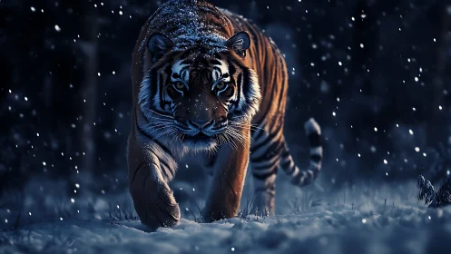 Snowlit tiger advancing through midnight forest gloom.