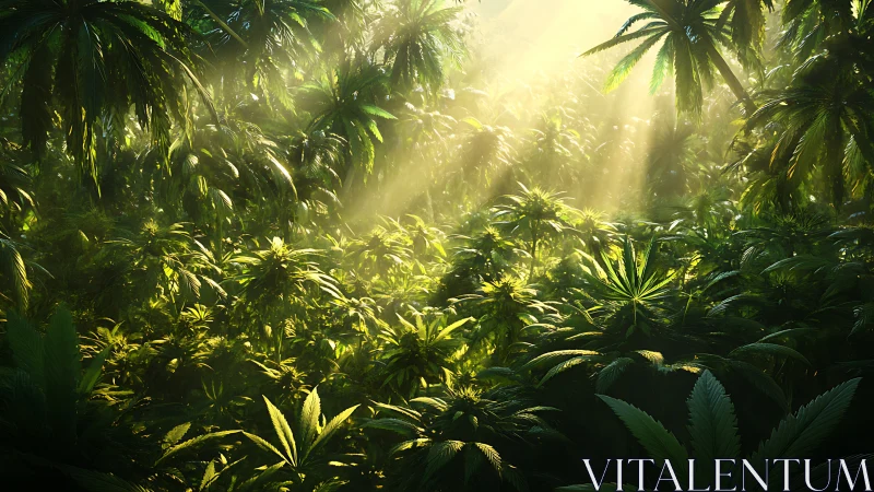 Sunlit Jungle Canopy With Dense Tropical Vegetation