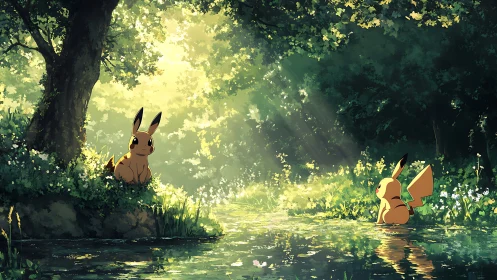 Sunlit forest pond where two electric friends trade daydreams.