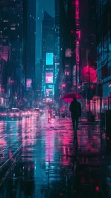 Solitary figure walks under umbrella on neon city street