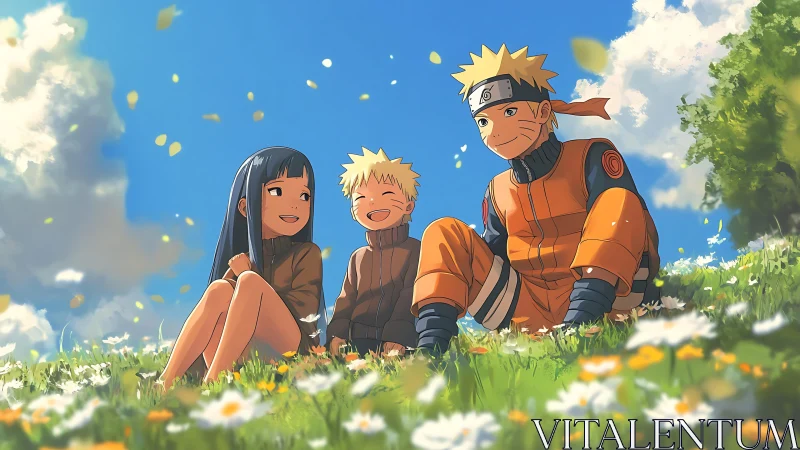 Sunlit anime family portrait uses soft shading and dynamic depth of field