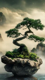 Serene floating bonsai tree drifting in soft morning mist.