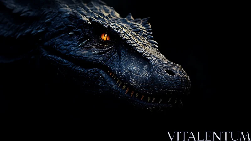 Midnight-scaled dragon smiles with one smoldering ember eye