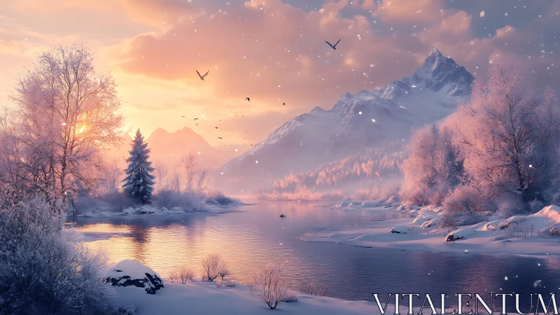 Snowy river valley glows beneath a pastel winter sunrise.