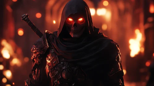 Hooded deathknight strolls through molten cathedral gloom