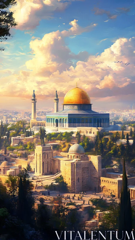 Golden-domed cityscape glowing under soft evening skies.