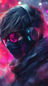 Hooded cyberpunk figure wears headphones and reflective visor