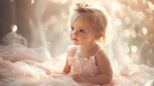 Young child in elegant pink tulle dress amid golden bokeh lights