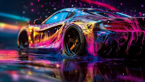 Neon sports car with wet paint reflections at night.