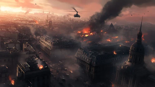 War-torn cityscape burns under smoky sunset skies.