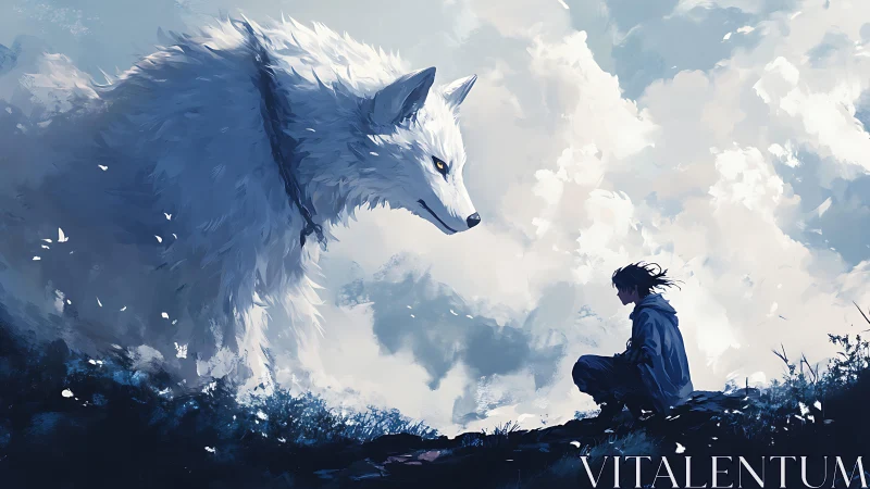 Gigantic ethereal white wolf confronting seated cloaked youth