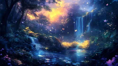 Enchanted bioluminescent forest waterfall at twilight glow.
