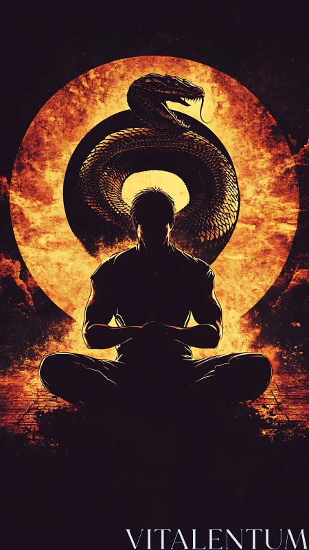 Digital painting of meditative warrior silhouetted by coiled serpent.