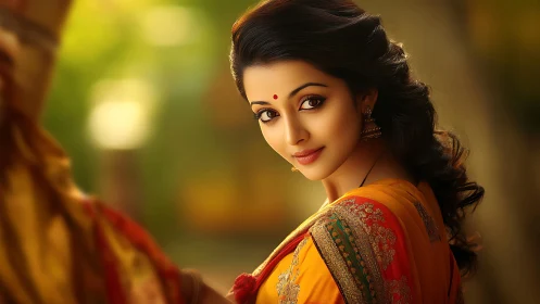 Elegant woman in orange saree under warm cinematic bokeh.
