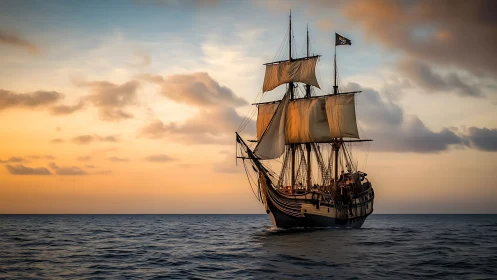 Sunlit pirate galleon advances across tranquil evening sea