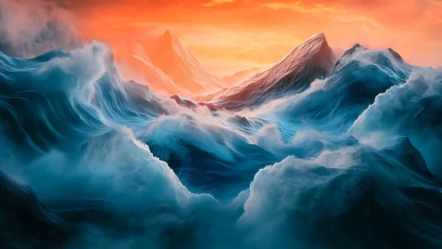 Storm-lashed ocean peaks under blazing orange horizon.