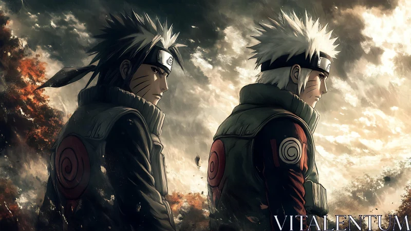 Dual anime warriors stand in dramatic backlit battlefield haze