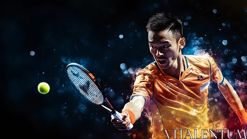 Tennis player drives explosive forehand under vivid lights.