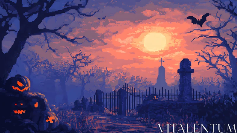 Pixel graveyard glows under haunted jack o lantern moon.