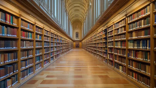 Photorealistic neoclassical library aisle in strict symmetry.