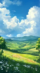 Sunlit wildflower valley rolls beneath towering summer clouds