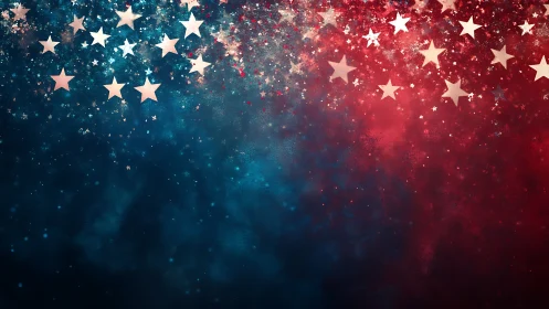 Red and blue glitter field forms abstract patriotic star gradient