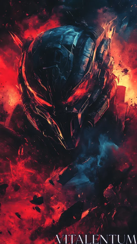 Cybernetic war helm in infernal nebula field composition.