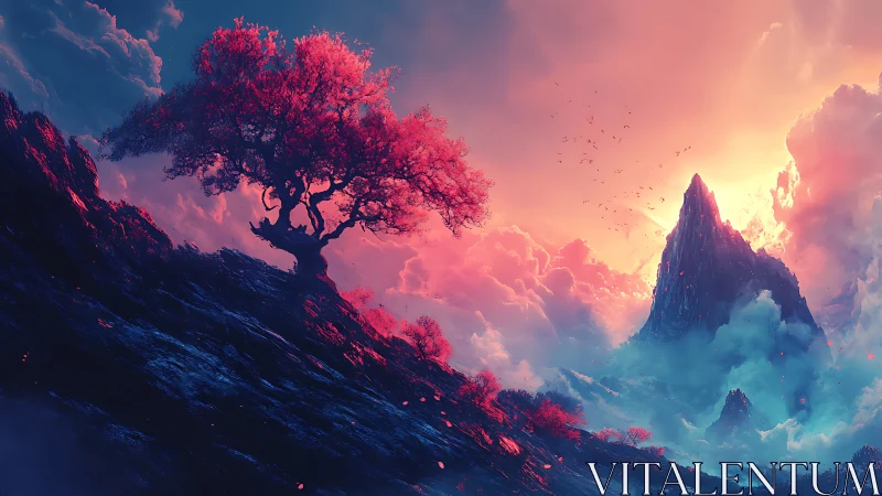 Crimson tree over misty valley beneath radiant peak.