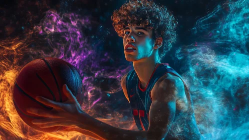 Basketball guard drives through fiery blue energy storm.
