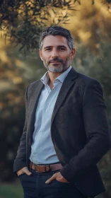 Confident middle aged man stands outdoors in warm evening light