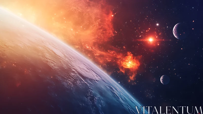 Sunrise over a dreaming planet in glowing deep space.