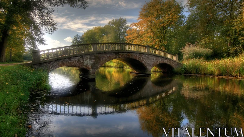 Stone arch bridge over reflective river in wooded park.