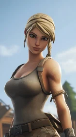 Stylized 3D female soldier in tactical outfit under sky.