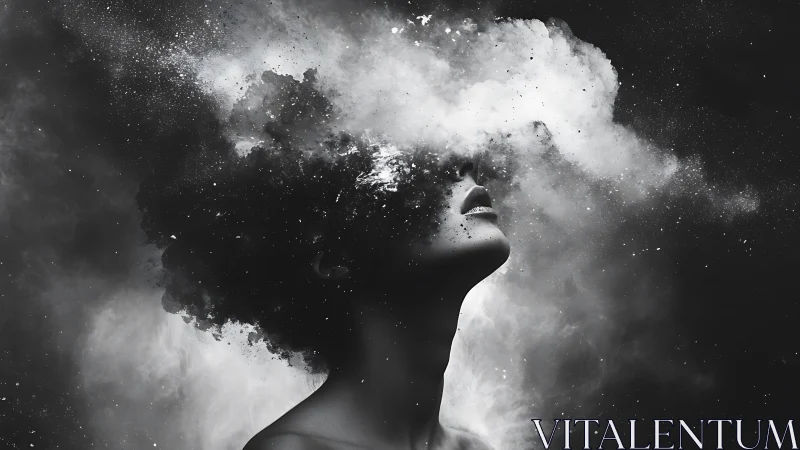 Monochrome female portrait merging with dispersed smoke field.