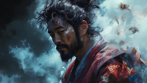 Stormlit samurai in drifting clouds of memory and fire.
