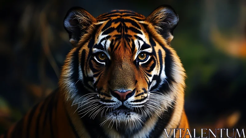 Photorealistic tiger portrait with dramatic frontal symmetry.
