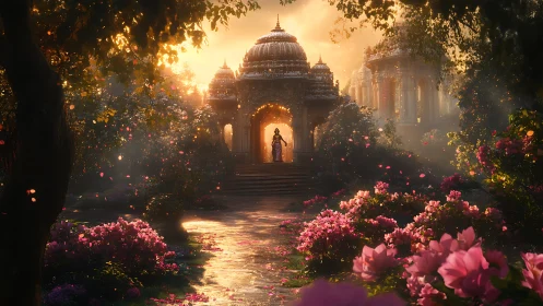 Temple structure stands amid dense flowering garden at sunset