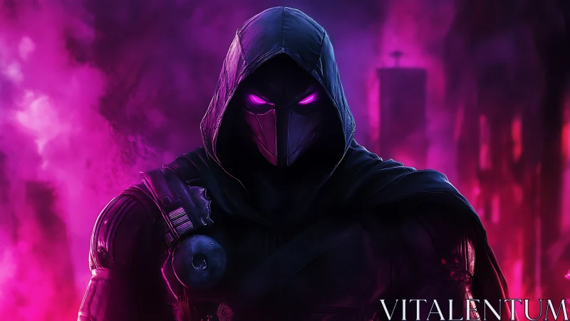 Hooded cyber assassin glows within neon magenta storm