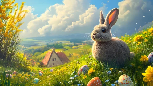 Digital painting of spring rabbit on hillside with cottage vista.