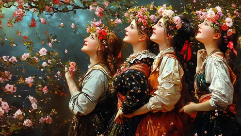 Four women in traditional dresses with floral crowns, oil painting style.