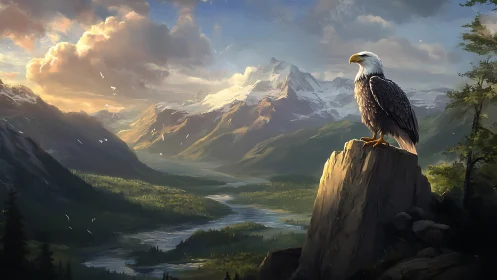 Majestic bald eagle on mountain peak in vibrant digital painting.