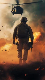 Lone soldier strides through firelit smoke and roaring skies.