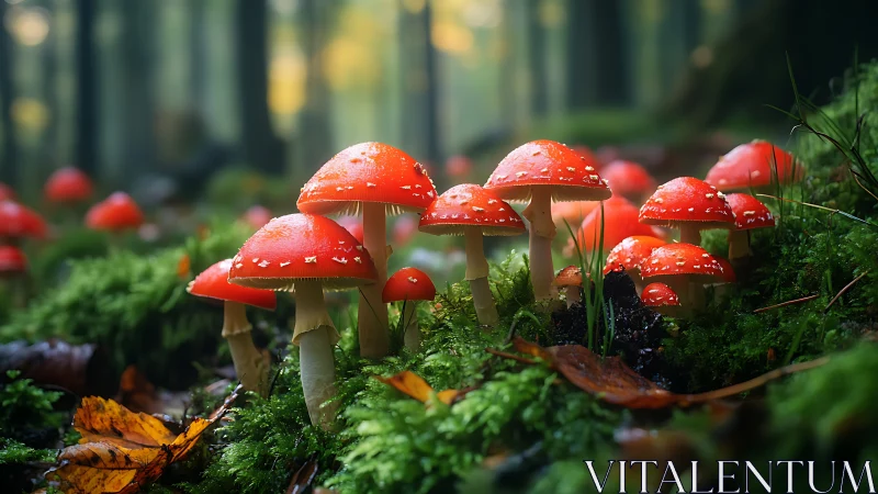 Red toadstools clustered on mossy forest floor at dusk