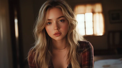 Softly lit portrait of a thoughtful young woman at home.