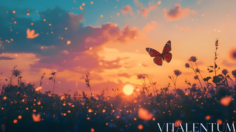 Monarch butterfly glides over glowing meadow at sunset sky.