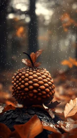 Rain-soaked pinecone fruit sculpture amid autumn forest floor.
