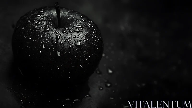 Glossy black apple with water droplets in low key lighting.