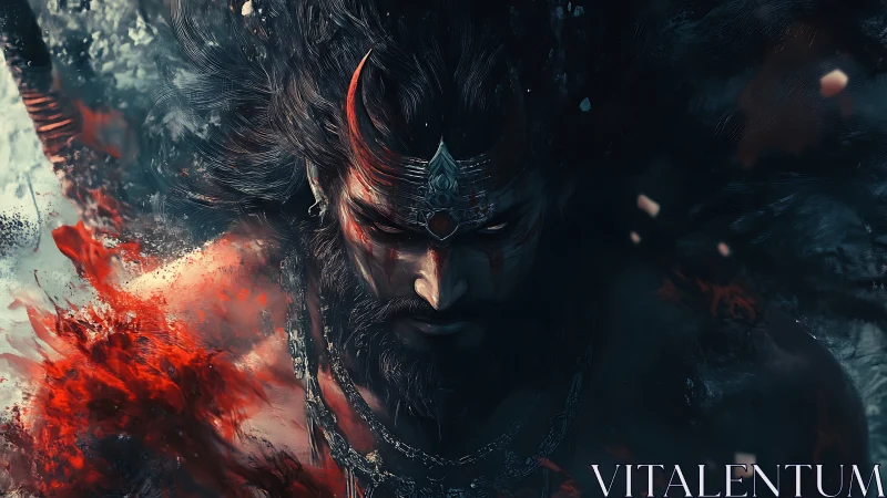 Demonic warlord emerges through swirling embers and smoke.