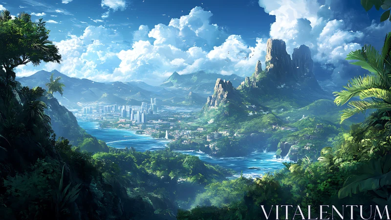 Tropical Metropolis Valley Framed by Dramatic Mountain Peaks