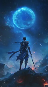 Figure with sword stands under large blue celestial body